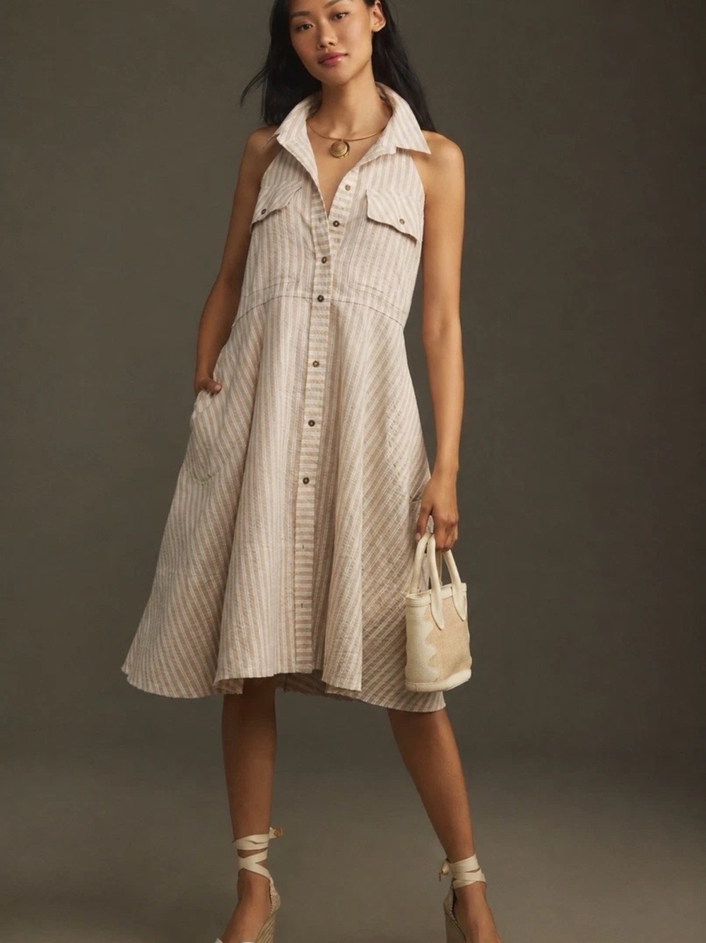 Pilcro - Sleeveless Halter Swing Midi Dress in Cream and White
